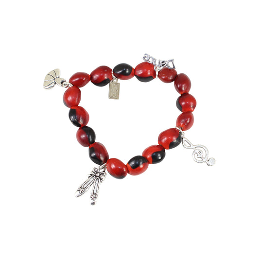 Stretchy Ballerina Dancer Good Luck Charm Bracelet with Huayruro Seeds - Multi-Charm Bracelet - Sizes 6.5 to 7.5