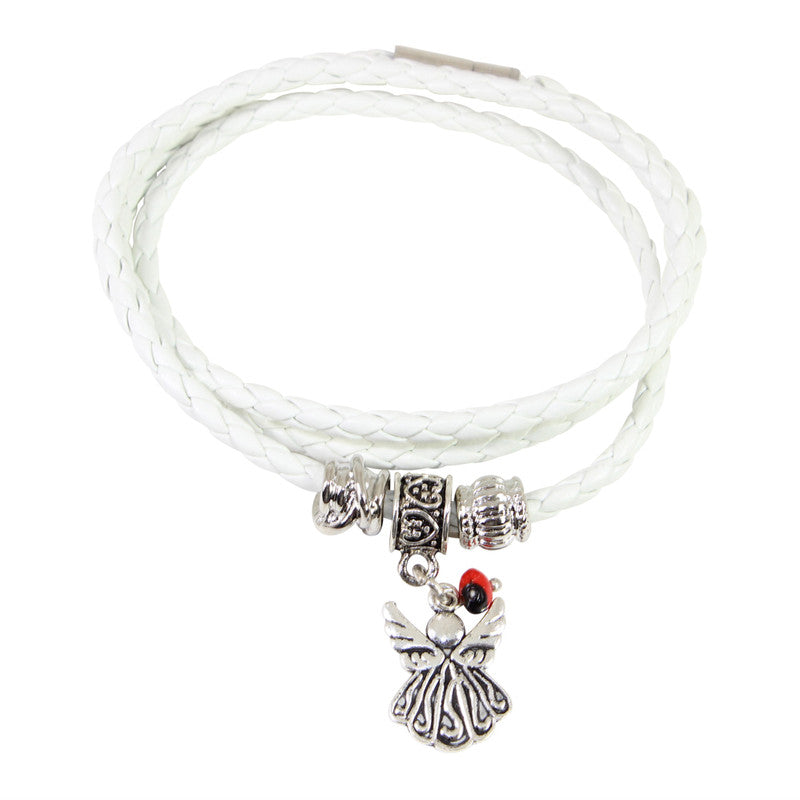 Pulsera de cuero blanco ajustable con amuleto de buena suerte 