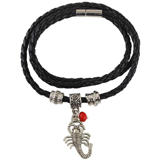 Pulsera de cuero negro ajustable con amuleto de buena suerte 