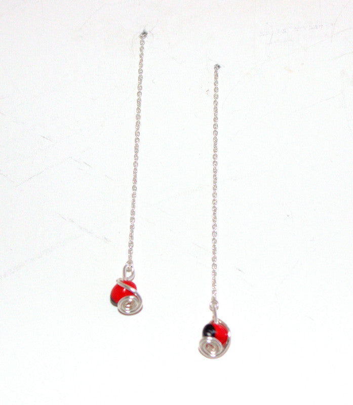 Long Drop Thread Sterling Silver Red & Black Good Luck Earrings