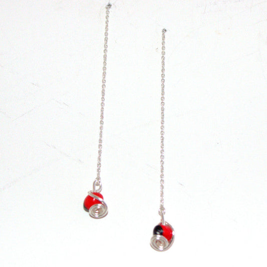 Long drop thread sterling silver red and black good luck earrings with Huayruro seeds by Evelyn Brooks Peru