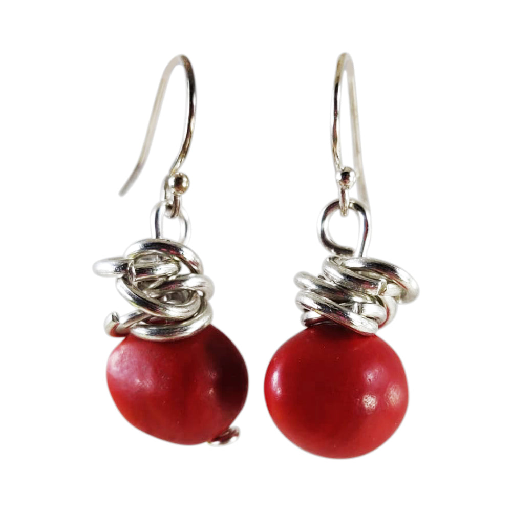 Huayruro seed sterling silver gold dangle drop earrings handmade Peruvian good luck jewelry style 1 by Evelyn Brooks