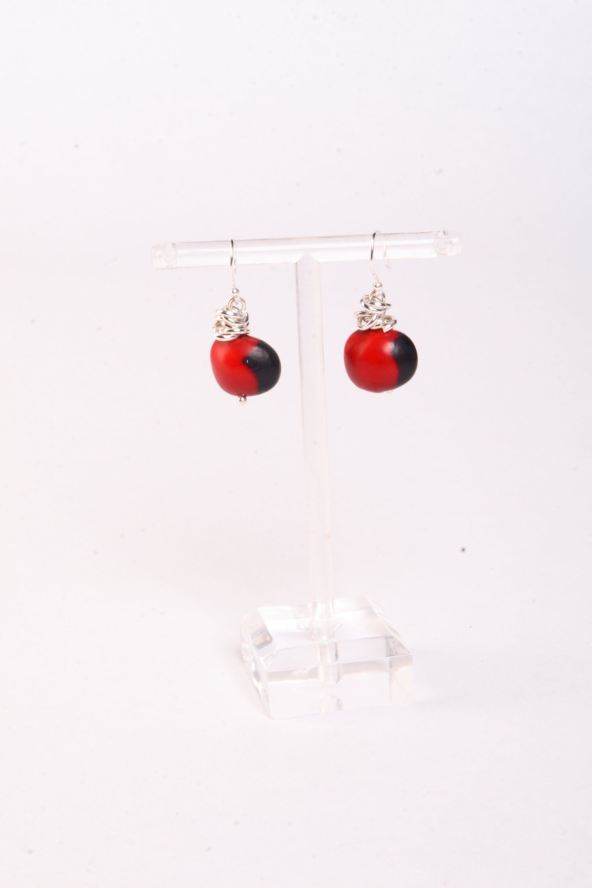 Huayruro seed sterling silver gold dangle drop earrings handmade Peruvian good luck jewelry style 1 by Evelyn Brooks