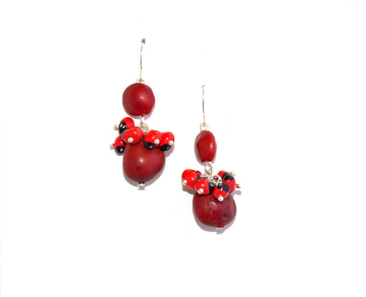 Dangle Long Drop Red & Black Good Luck Earrings