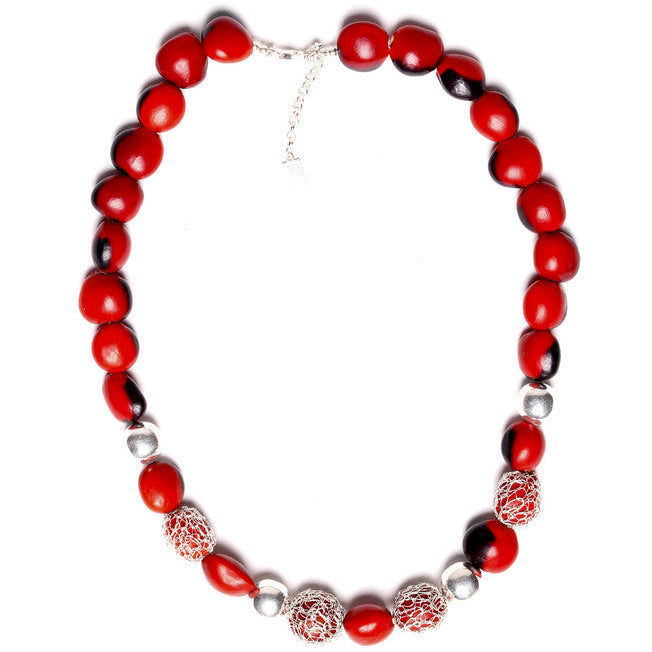 Handmade crochet Huayruro seed necklace Peruvian good luck artisan jewelry by Evelyn Brooks